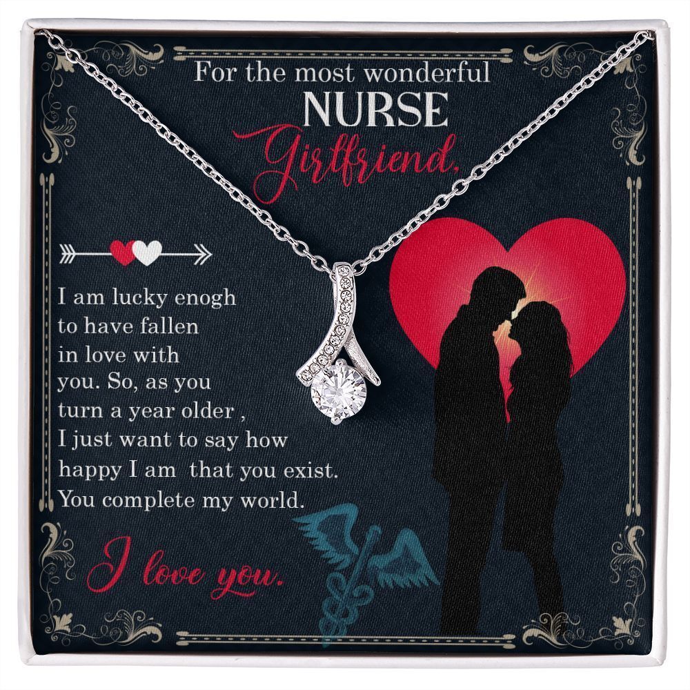 For the Most Wonderful Nurse Girlfriend Ribbon Necklace Silver Tone Standard Box